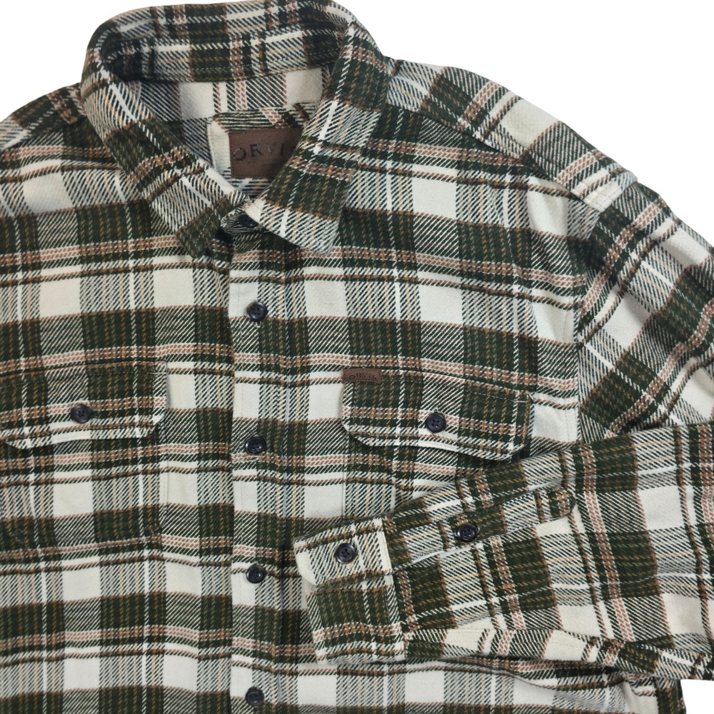 Orvis Mens White Green Plaid Flannel Button Down Shirt Heavyweight Large pockets